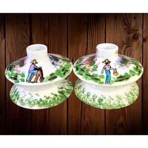 Candle Holder Set Handpainted Vibrant Farm Nature Ceramic Pottery Artist Signed
